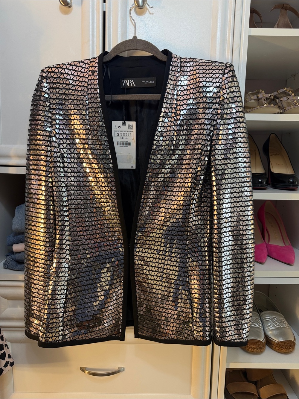 Zara Holographic Geometric Sequin Blazer - Silver/Black Trim